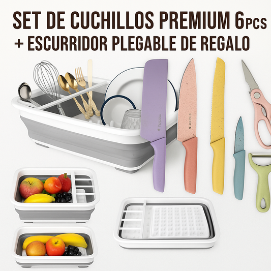 SET DE CUCHILLOS 6PCS + ESCURRIDOR PLEGABLE DE REGALO
