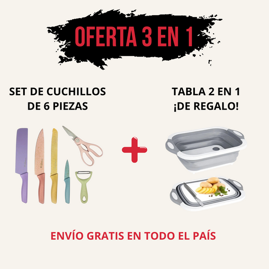 SET DE CUCHILLOS 6PCS + TABLA DE PICAR 3 EN 1 DE REGALO